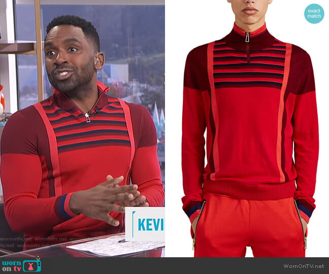 PS by Paul Smith Colorblocked & Striped Merino Wool Quarter-Zip Sweater worn by Justin Sylvester on E! News