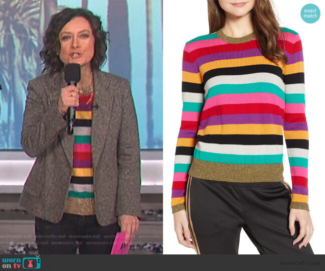 Pam & Gela Metallic-Trim Rainbow-Stripe Sweater worn by Sara Gilbert on The Talk