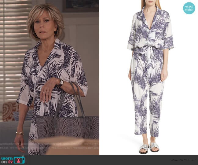 Paradised Apres Beach Print Jumpsuit worn by Grace (Jane Fonda) on Grace and Frankie