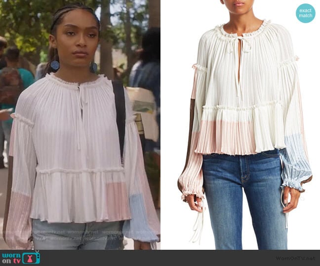 3.1 Phillip Lim Pleated Peplum Crop Blouse worn by Zoey Johnson (Yara Shahidi) on Grown-ish