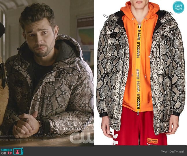 Heron Preston Python-Print Puffer Coat worn by Sam Flores (Rafael de la Fuente) on Dynasty