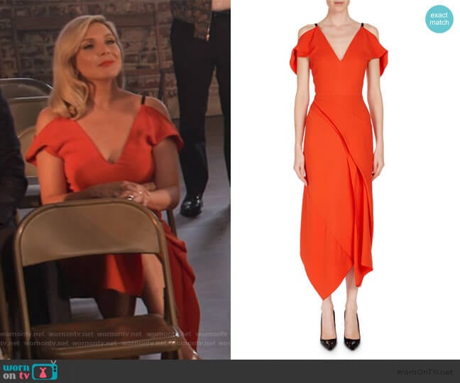 Roland Mouret Cotness Asymmetric-Drape V-Neck Dress worn by Brianna (June Raphael) on Grace and Frankie