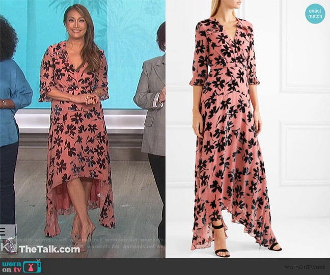 Saloni Edith ruffled flocked chiffon maxi dress worn by Carrie Inaba on The Talk