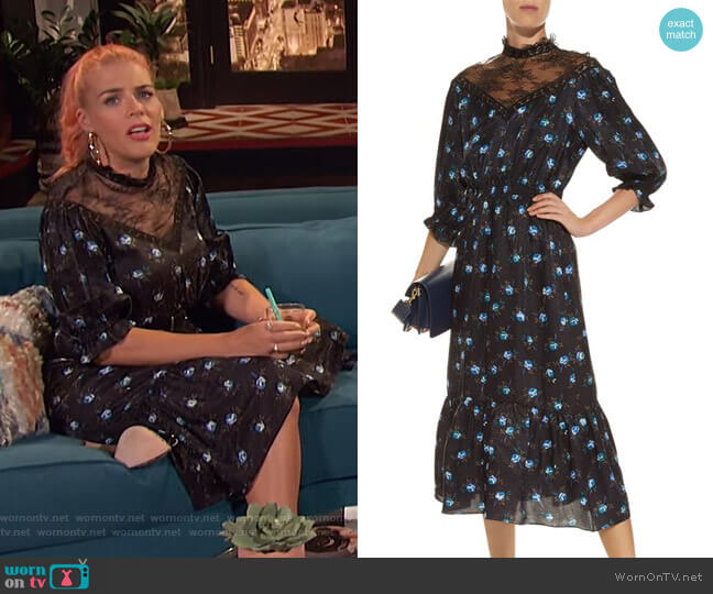 Sandro Lace Panel Floral Midi Dress worn by Busy Philipps on Busy Tonight