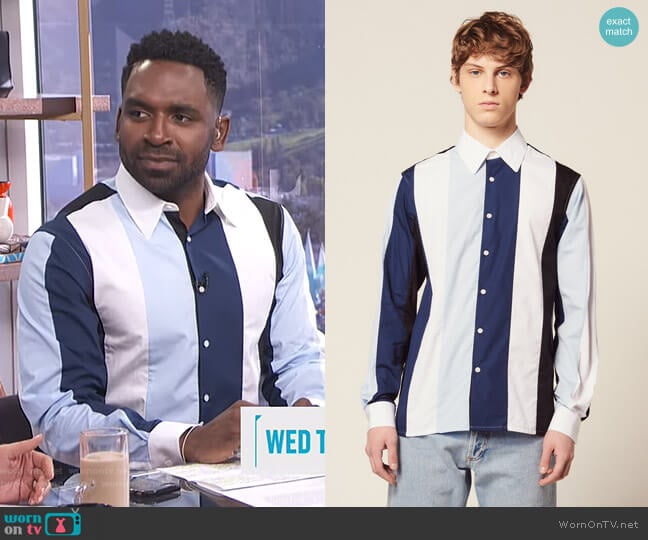 Sandro Shirt with Multicolored Stripes worn by Justin Sylvester on E! News