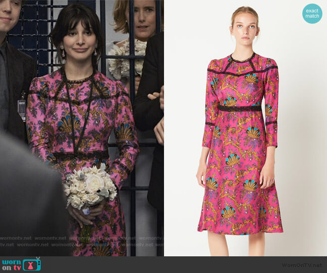 Sandro Lace-panelled printed silk midi dress worn by Allison McCord (Kathrine Herzer) on Madam Secretary