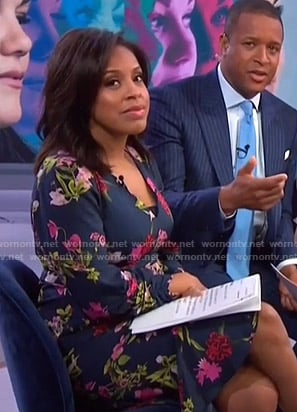 Sheinelle’s navy floral v-neck dress on Today