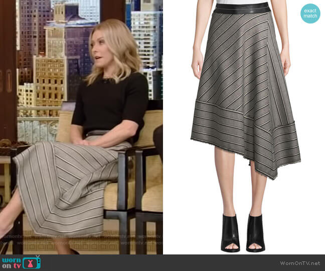 Helmut Lang Striped Basketweave Asymmetric Midi Skirt worn by Kelly Ripa on Live with Kelly and Mark