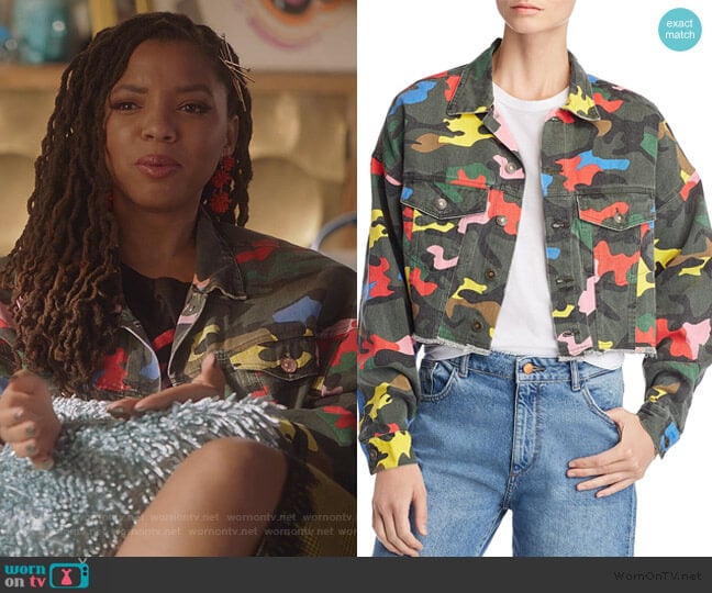 Sunset & Spring Camo Cropped Denim Jacket worn by Jazlyn Forster (Chloe Bailey) on Grown-ish