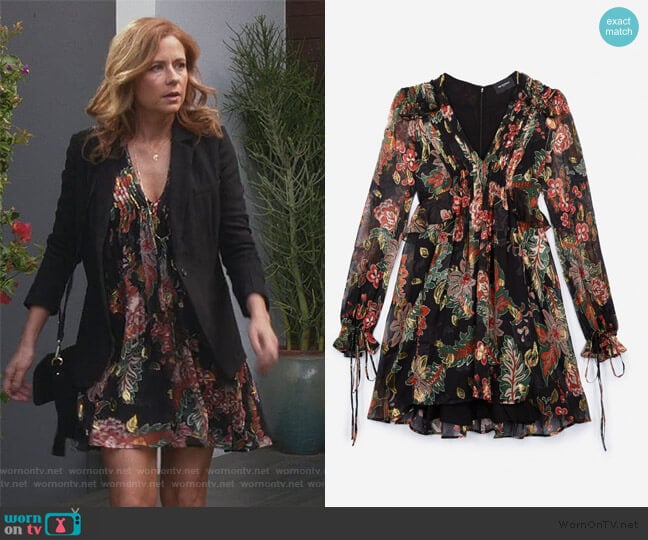 The Kooples Black Silk Dress with Bollywood Print worn by Lena (Jenna Fischer) on Splitting Up Together