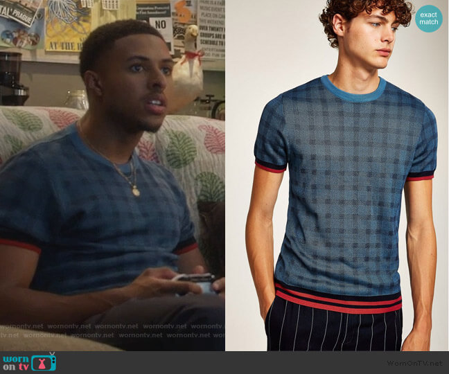 Topman Blue Check Tipping Sweater worn by Douglas Edwards (Diggy Simmons) on Grown-ish
