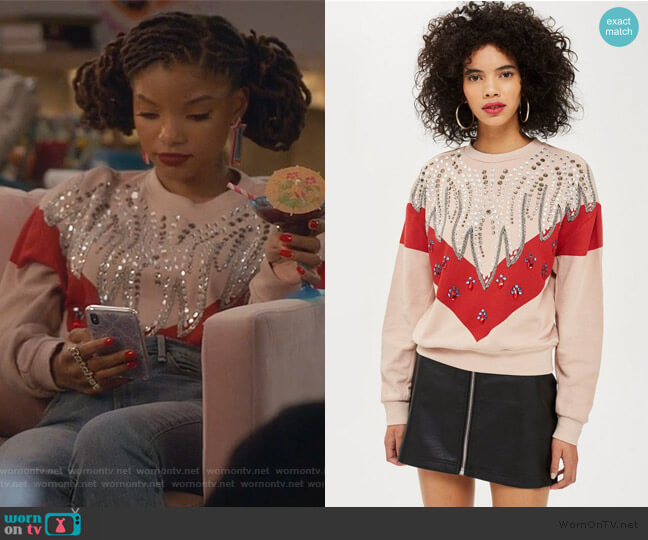 Topshop Chevron Crystal Sweatshirt worn by Skylar Forster (Halle Bailey) on Grown-ish