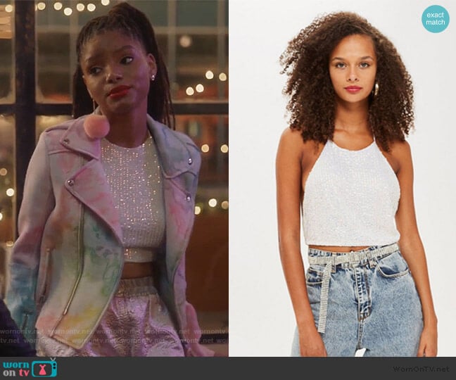 Topshop Sequin Halter Neck Top worn by Skylar Forster (Halle Bailey) on Grown-ish