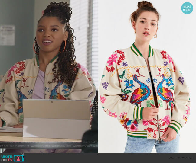 Urban Outfitters Peacock Paradise Cross-Stitch Bomber Jacket worn by Jazlyn Forster (Chloe Bailey) on Grown-ish