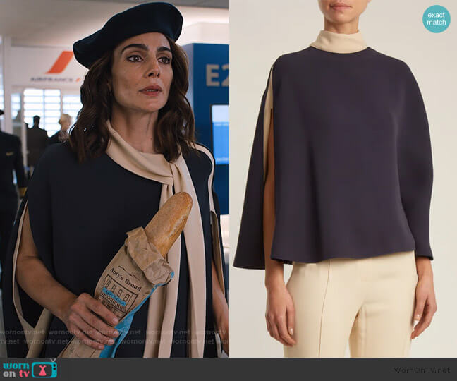 Valentino Cape-sleeve tie-neck silk-crepe blouse worn by Samantha Delmonico (Annie Parisse) on Friends from College