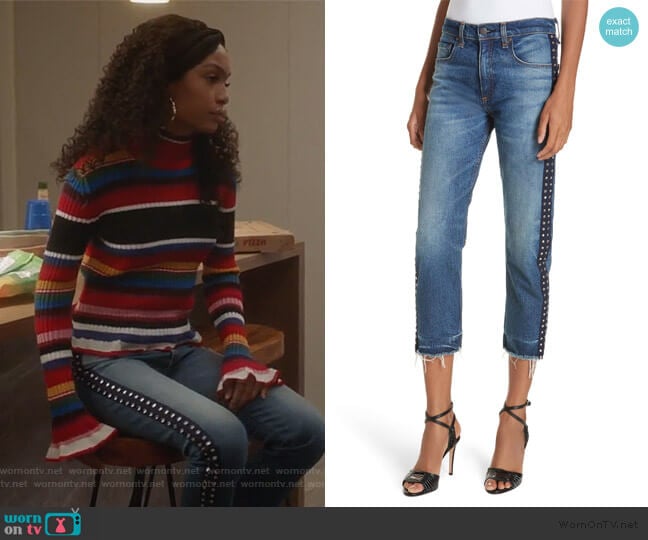 Veronica Beard Ines Rhinestone Side Stripe Girlfriend Jeans worn by Zoey Johnson (Yara Shahidi) on Grown-ish