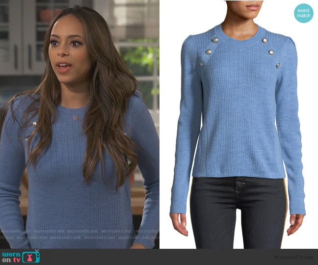 Veronica Beard Simi Wool Button-Shoulder Raglan Sweater worn by Claire (Amber Stevens West) on Happy Together