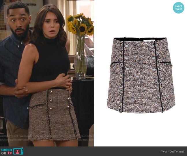 Veronica Beard Starck tweed miniskirt worn by Clem (Nina Dobrev) on Fam