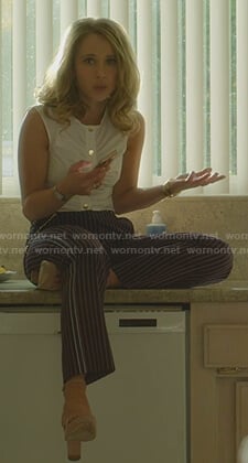 Veronica’s white gathered cropped top and striped pants on Dirty John
