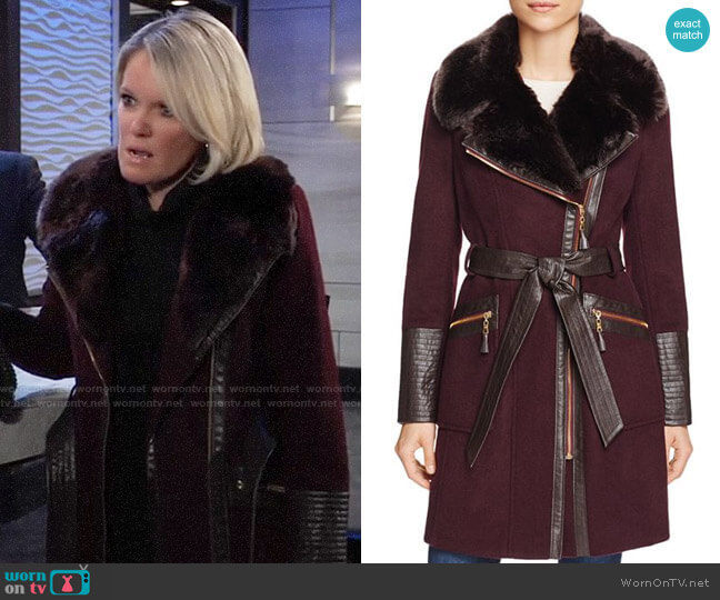 Via Spiga Belted Faux Fur-Trim Asymmetric Coat worn by Ava Jerome (Maura West) on General Hospital
