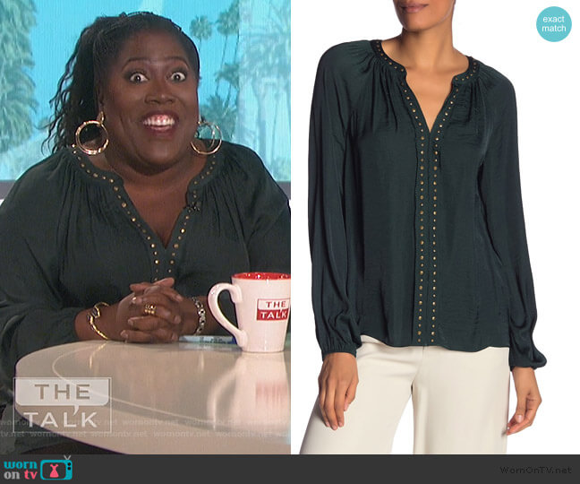 Vince Camuto Stud Detail Hammered Satin Blouse worn by Sheryl Underwood on The Talk