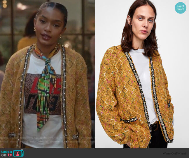 Zara Tweed Jacket with Faux Pearls worn by Zoey Johnson (Yara Shahidi) on Grown-ish