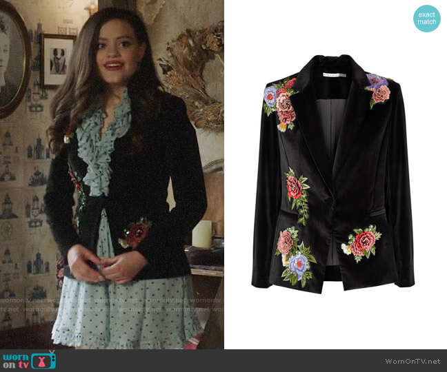 Alice + Olivia Hix Embellished Velvet Blazer worn by Maggie Vera (Sarah Jeffery) on Charmed