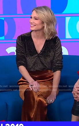Amy’s metallic wrap top and velvet pants on Good Morning America