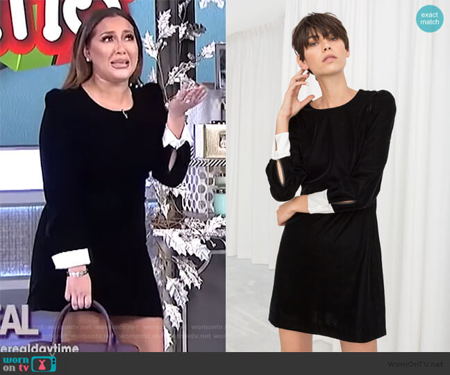 & Other Stories Velvet Pearl Button Mini Dress worn by Adrienne Houghton on The Real