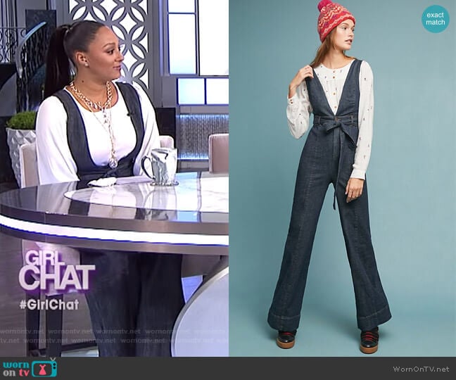 Pilcro and the Letterpress Denim Jumpsuit worn by Tamera Mowry on The Real