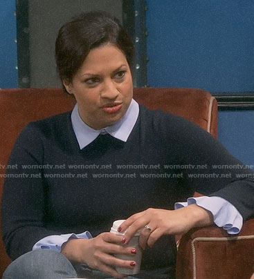 Anu’s navy layered sweater on The Big Bang Theory