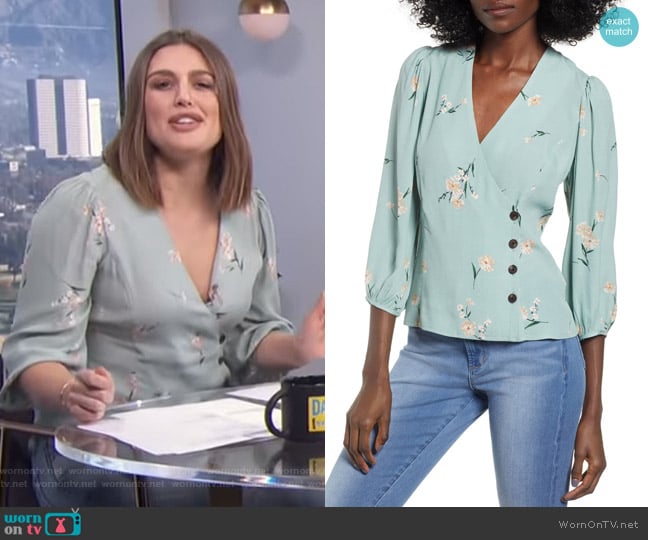 ASTR The Label Button Wrap Top worn by Carissa Loethen Culiner on E! News