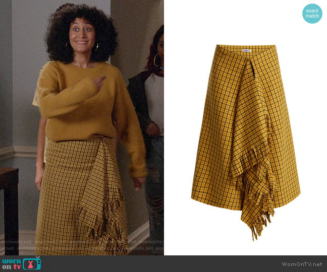 Balenciaga Ruffle-detail checked wool skirt worn by Rainbow Johnson (Tracee Ellis Ross) on Black-ish