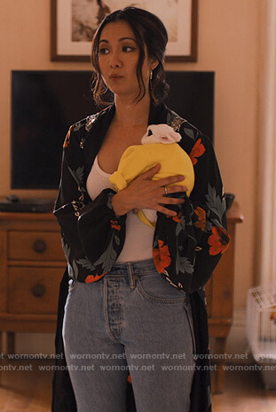 Marianne’s black floral kimono on Friends from College