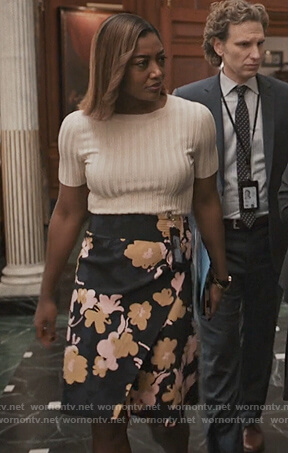Daisy’s black floral wrap skirt on Madam Secretary