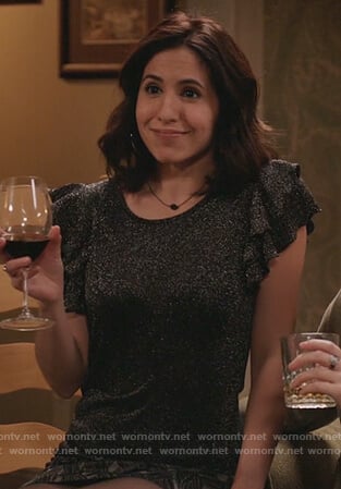 Valencia’s metallic ruffle sleeve top and printed mini skirt on Crazy Ex Girlfriend