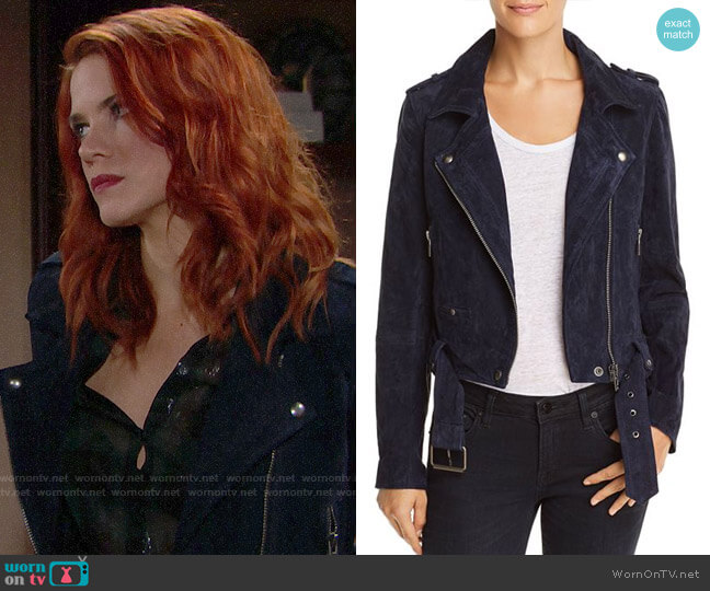 BlankNYC Suede Moto Jacket in Starry Night worn by Sally Spectra (Courtney Hope) on The Bold and the Beautiful