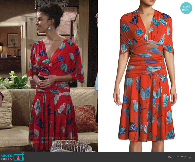 Diane von Furstenberg Shirred Floral-Print V-Neck Dress worn by Kerry Johnson (Alice Hunter) on The Young and the Restless