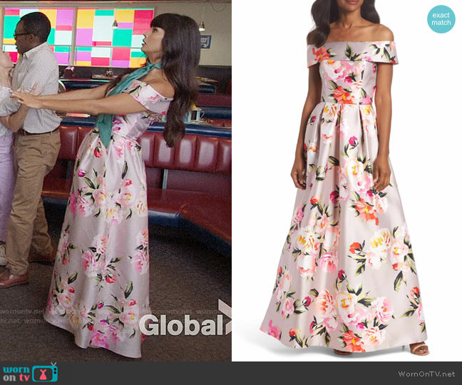 Eliza J Floral Off the Shoulder Mikado Gown worn by Tahani Al-Jamil (Jameela Jamil) on The Good Place