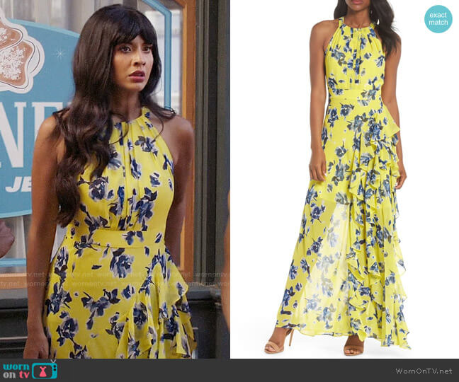 Eliza J Halter Ruffle Maxi Dress worn by Tahani Al-Jamil (Jameela Jamil) on The Good Place