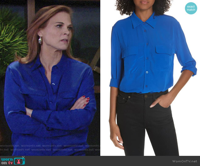 Equipment Signature Shirt in Hyper Blue worn by Phyllis Newman (Gina Tognoni) on The Young and the Restless