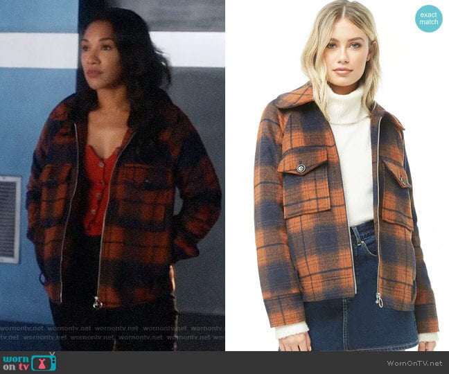 Forever 21 Plaid Fleece Jacket in Rust / Navy worn by Iris West (Candice Patton) on The Flash