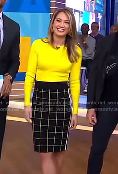 Ginger’s yellow sweater and grid check skirt on Good Morning America