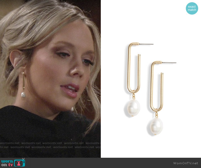 Halogen Pearl Geo Hoop Drop Earrings worn by Abby Newman (Melissa Ordway) on The Young and the Restless