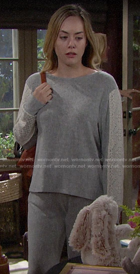 Hope’s grey lace stripe pajamas on The Bold and the Beautiful