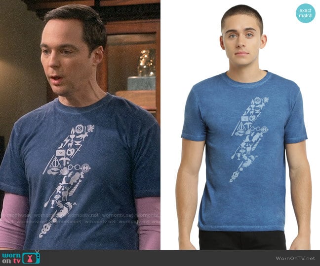 Harry Potter Symbols Lightning Oil Wash T-shirt from Hot Topic worn by Sheldon Cooper (Jim Parsons) on The Big Bang Theory