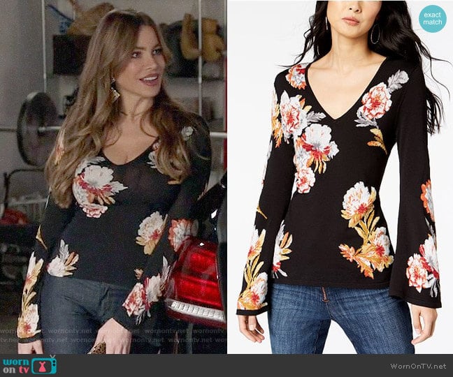 INC International Concepts Floral-Print Bell-Sleeve Sweater worn by  Gloria Pritchett (Sofia Vergara) on Modern Family
