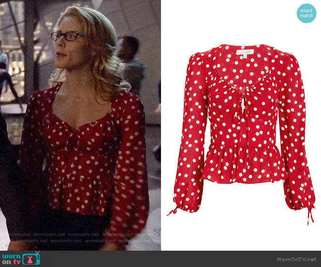 Intermix Eve Polka Dot Top worn by Felicity Smoak (Emily Bett Rickards) on Arrow