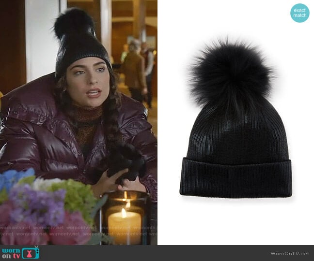 Jocelyn Metallic Fur-Pompom Beanie Hat worn by Cristal Jennings (Daniella Alonso) on Dynasty