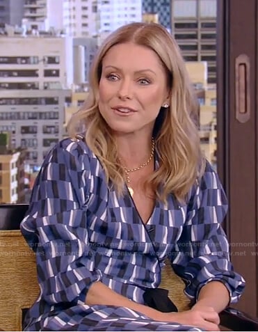 Kelly’s blue geometric print wrap dress on Live with Kelly and Ryan
